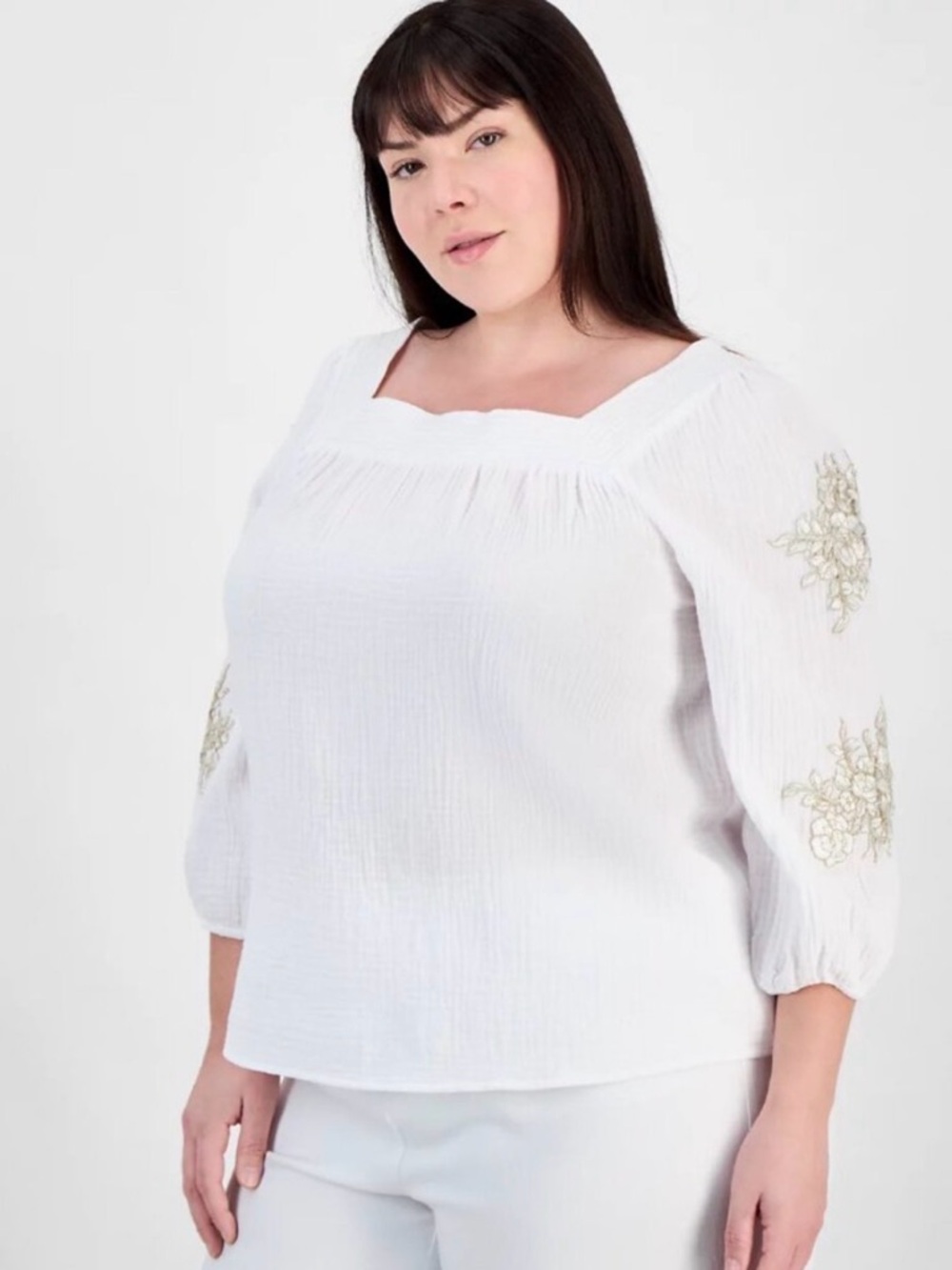 JM Collection 1X NWT White Square-Neck Gold Embroidered Peasant Top